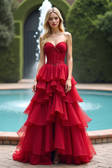 Ruched Red Sweetheart Rufled A Line Lang Gallakjole